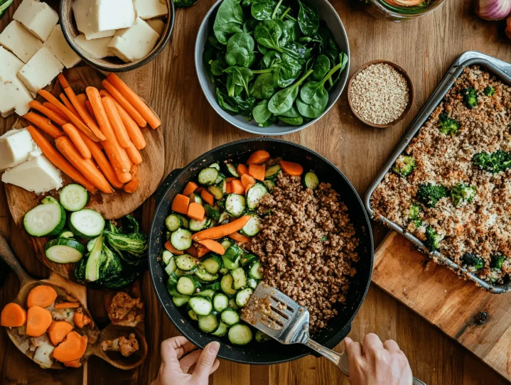 Fresh vegetables, cooked ground meat, and a casserole dish with broccoli on a wooden table, showing meal preparation steps.