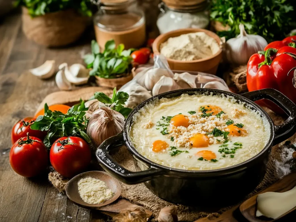 A rustic kitchen setting showcasing a bubbling dish in a black cast iron pot, garnished with fresh herbs and surrounded by ingredients like tomatoes, garlic, peppers, and cheese, illustrating the process of fixing a watery dish.