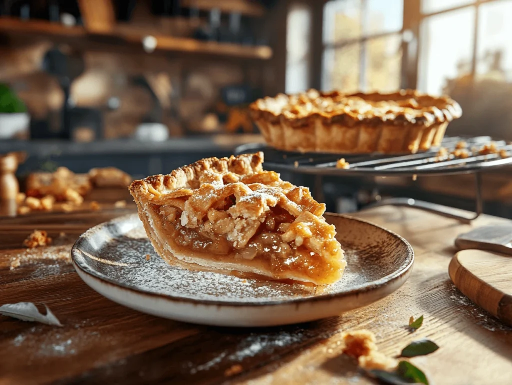 A slice of freshly baked apple pie with a golden lattice crust, dusted with powdered sugar, served on a rustic plate in a cozy kitchen setting.