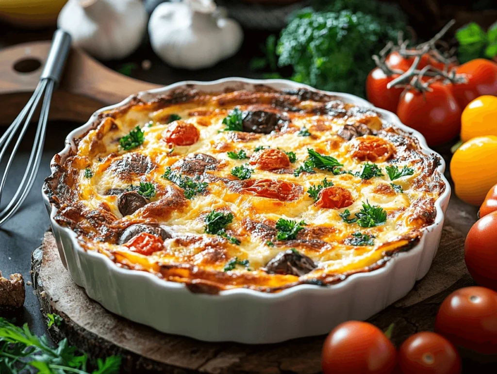 A freshly baked breakfast casserole with cherry tomatoes, mushrooms, and parsley in a white ceramic dish, surrounded by fresh ingredients like tomatoes, garlic, and parsley.