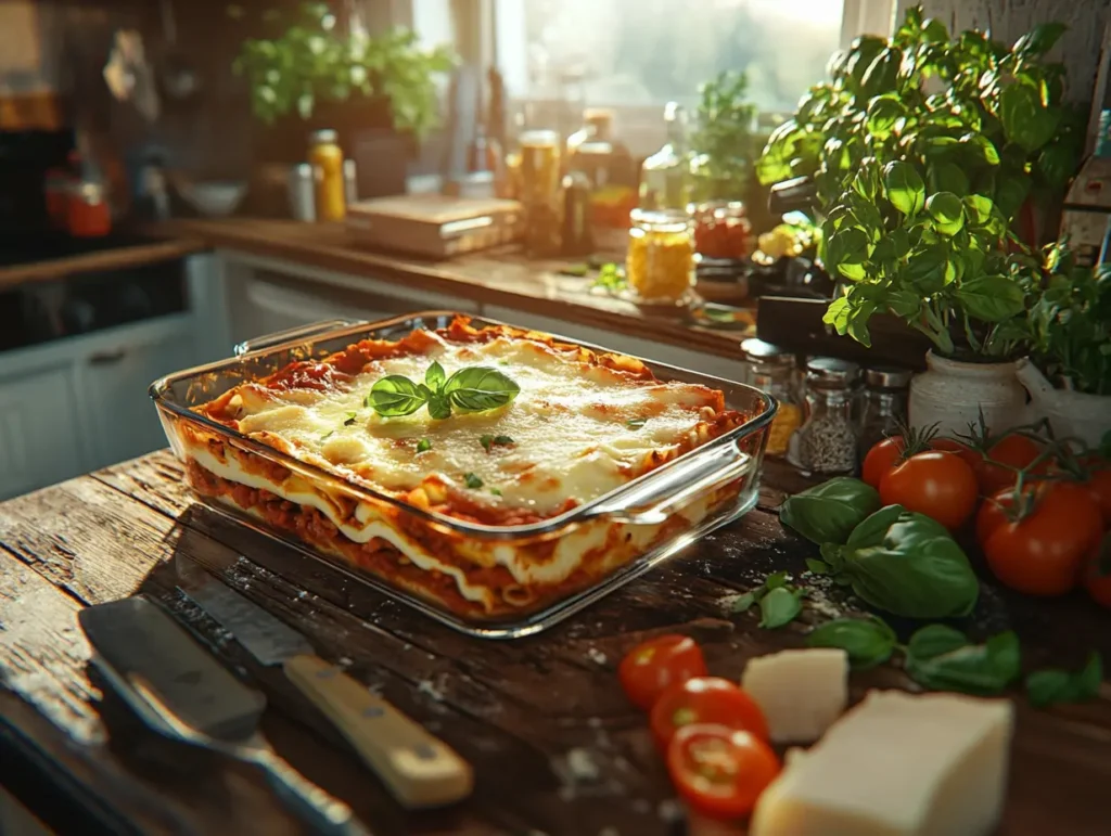 A freshly baked lasagna in a glass dish topped with melted cheese and basil leaves, set on a rustic wooden kitchen table surrounded by fresh basil, ripe tomatoes, and cheese blocks, bathed in natural sunlight.