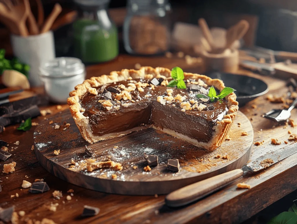 A rich chocolate pie with a creamy filling, garnished with crushed nuts and fresh mint leaves, served on a rustic wooden board.