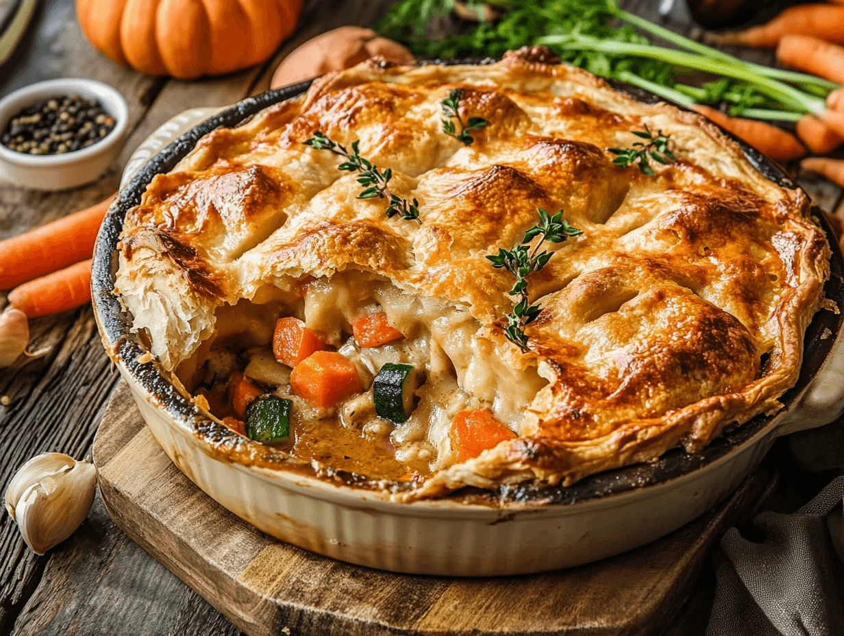 A golden-brown vegetable pot pie with flaky crust, filled with creamy sauce, carrots, zucchini, and garnished with fresh thyme, served in a rustic kitchen setting.