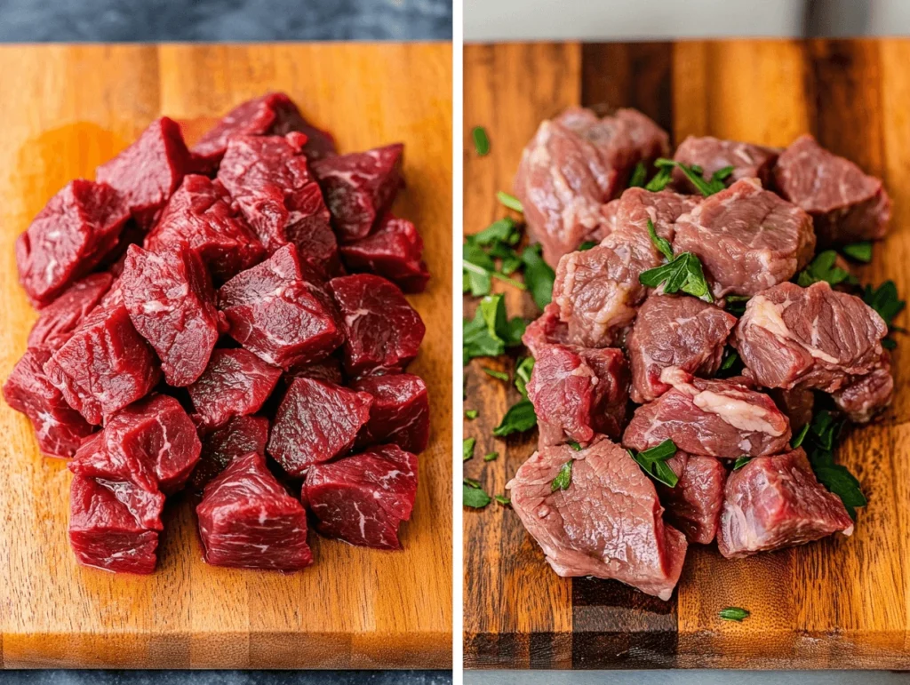 A side-by-side comparison of raw stew meat and beef tips on wooden cutting boards.