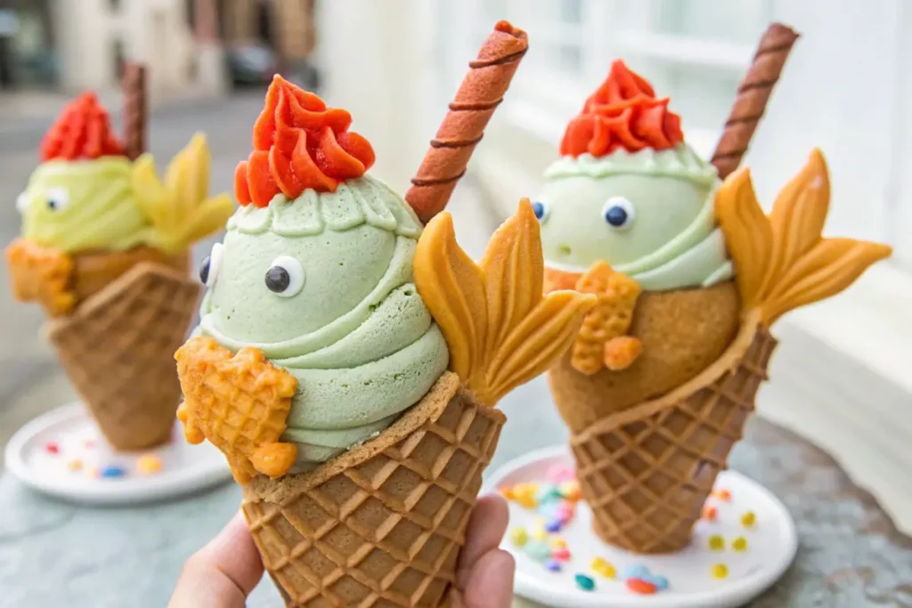 Adorable ice cream cones shaped like fish, featuring matcha-flavored soft serve, decorative toppings, waffle fins, and colorful garnishes on a whimsical plate