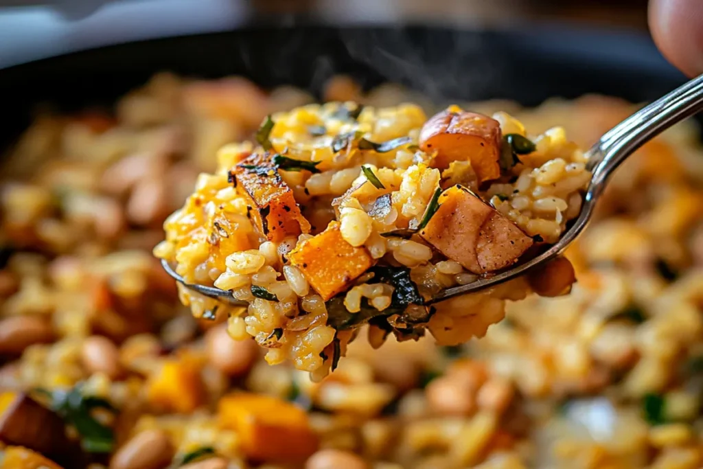 A close-up of a spoonful of creamy Pumpkin Risotto Beans, featuring roasted pumpkin, white beans, herbs, and perfectly cooked risotto for a comforting autumn meal.