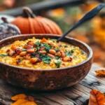 A warm bowl of creamy pumpkin risotto with beans, roasted pumpkin cubes, and fresh herbs, served on a rustic wooden table with autumn leaves and pumpkins in the background.