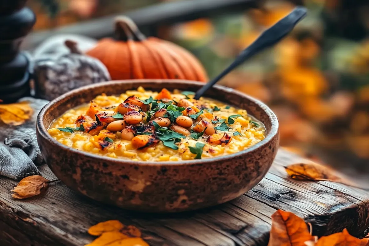 A warm bowl of creamy pumpkin risotto with beans, roasted pumpkin cubes, and fresh herbs, served on a rustic wooden table with autumn leaves and pumpkins in the background.