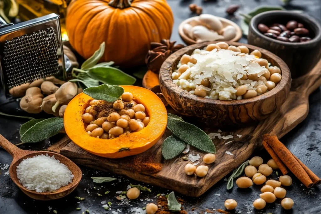 Fresh ingredients for Pumpkin Risotto Beans, including chickpeas, pumpkin, risotto rice, parmesan cheese, sage, and spices, arranged on a rustic wooden board with autumn decor.