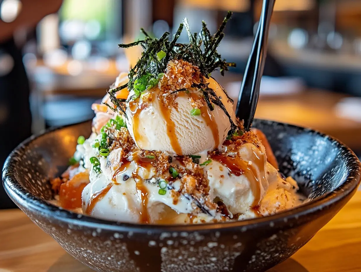 A visually striking dessert bowl featuring a scoop of vanilla ice cream topped with crispy seaweed, green onions, crunchy breadcrumbs, and a drizzle of caramel sauce, presented in a textured ceramic bowl.