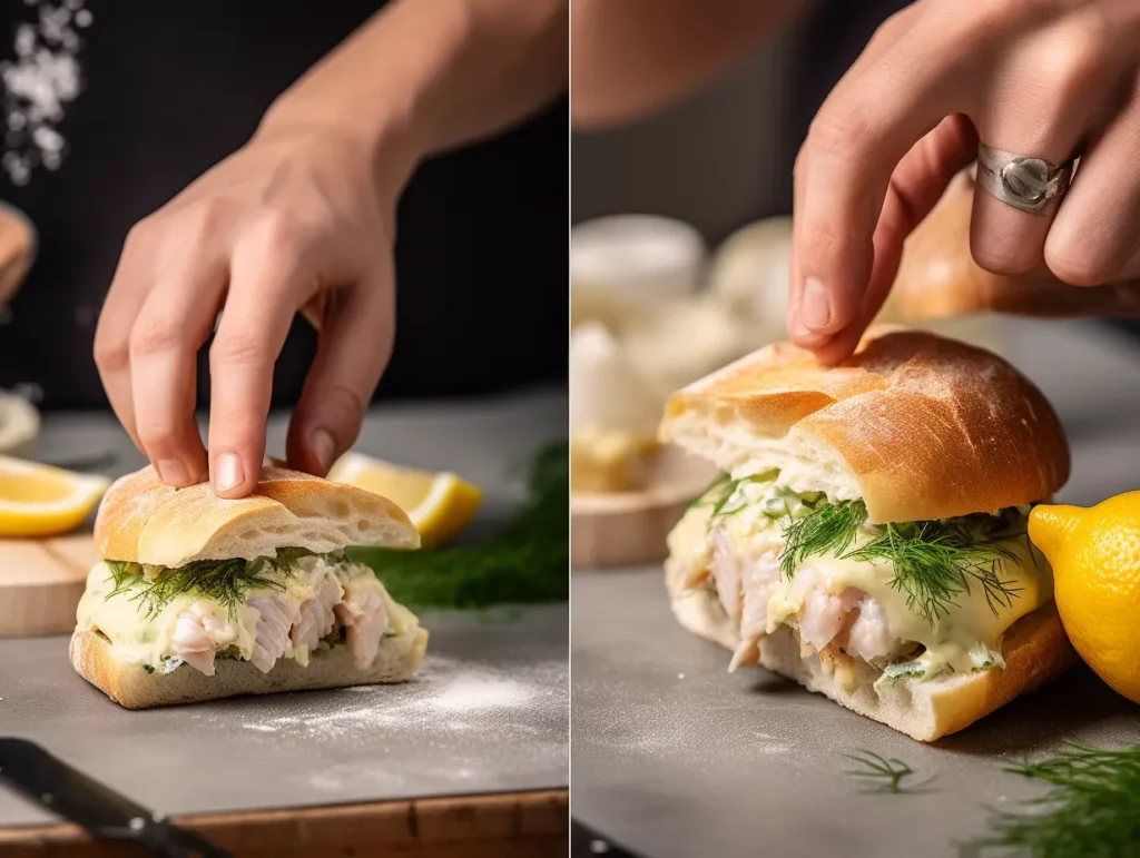 Close-up of a freshly prepared Matjesbrötchen recipe with a hand placing the top bun on a sandwich filled with marinated fish, fresh dill, and creamy sauce, served with lemon slices.