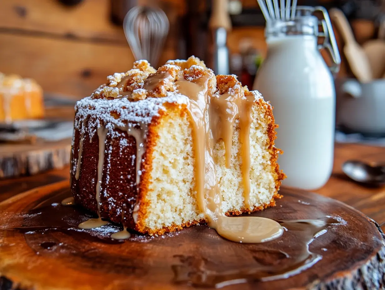 A close-up of a moist, fluffy cake slice drizzled with caramel sauce and dusted with powdered sugar, served on a rustic wooden platter with a glass bottle of milk in the background.