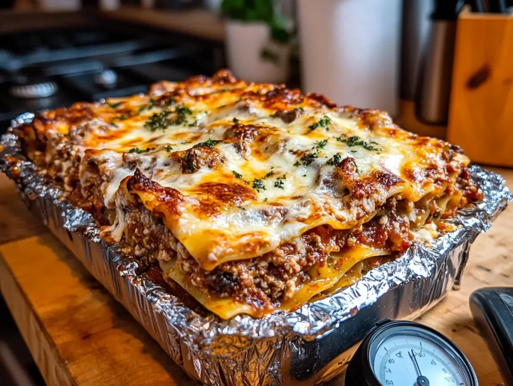 A freshly baked lasagna in a foil-lined pan, featuring golden melted cheese and garnished with fresh parsley, placed on a kitchen counter with a food thermometer nearby.