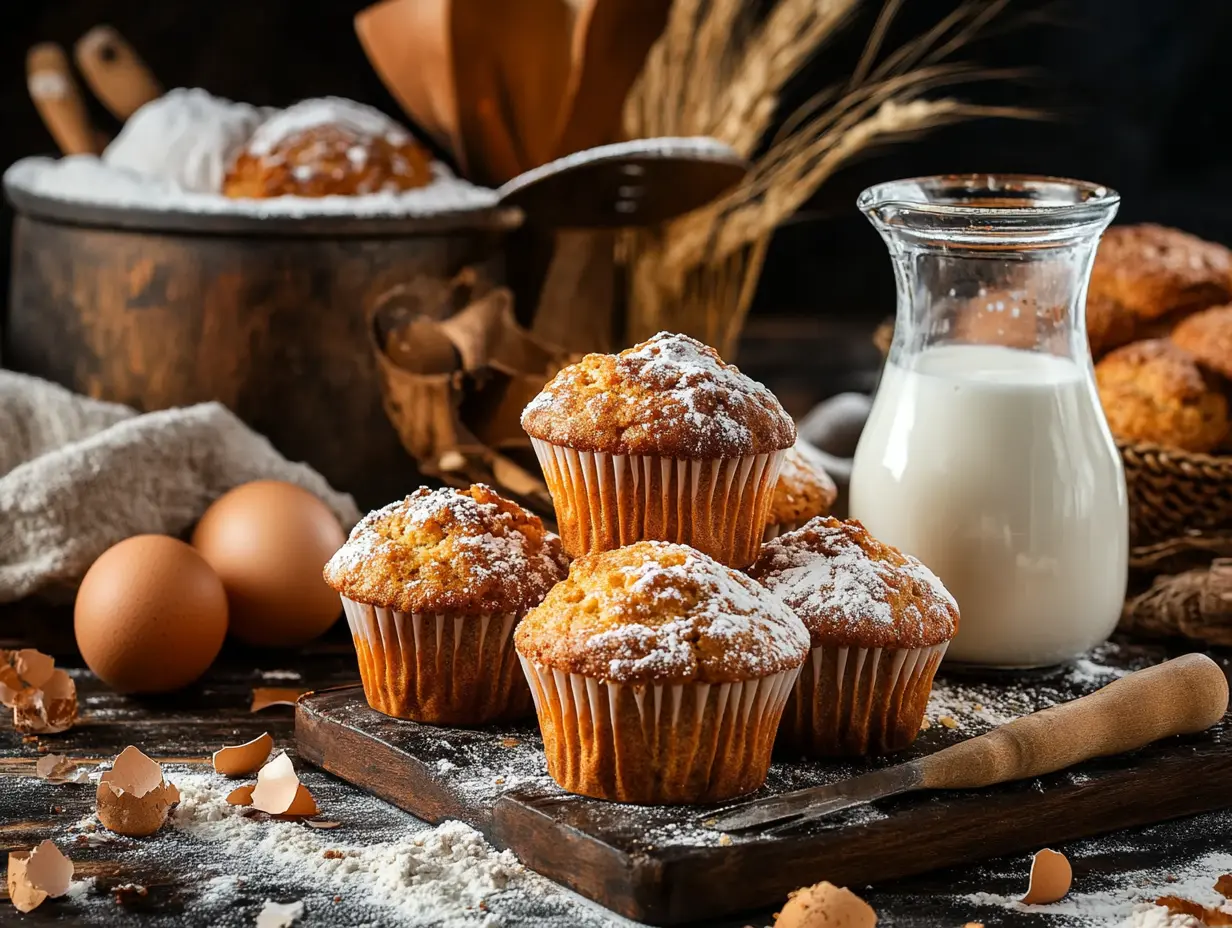 A rustic kitchen setup featuring freshly baked muffins dusted with powdered sugar, accompanied by a glass of milk, eggs, and baking utensils.
