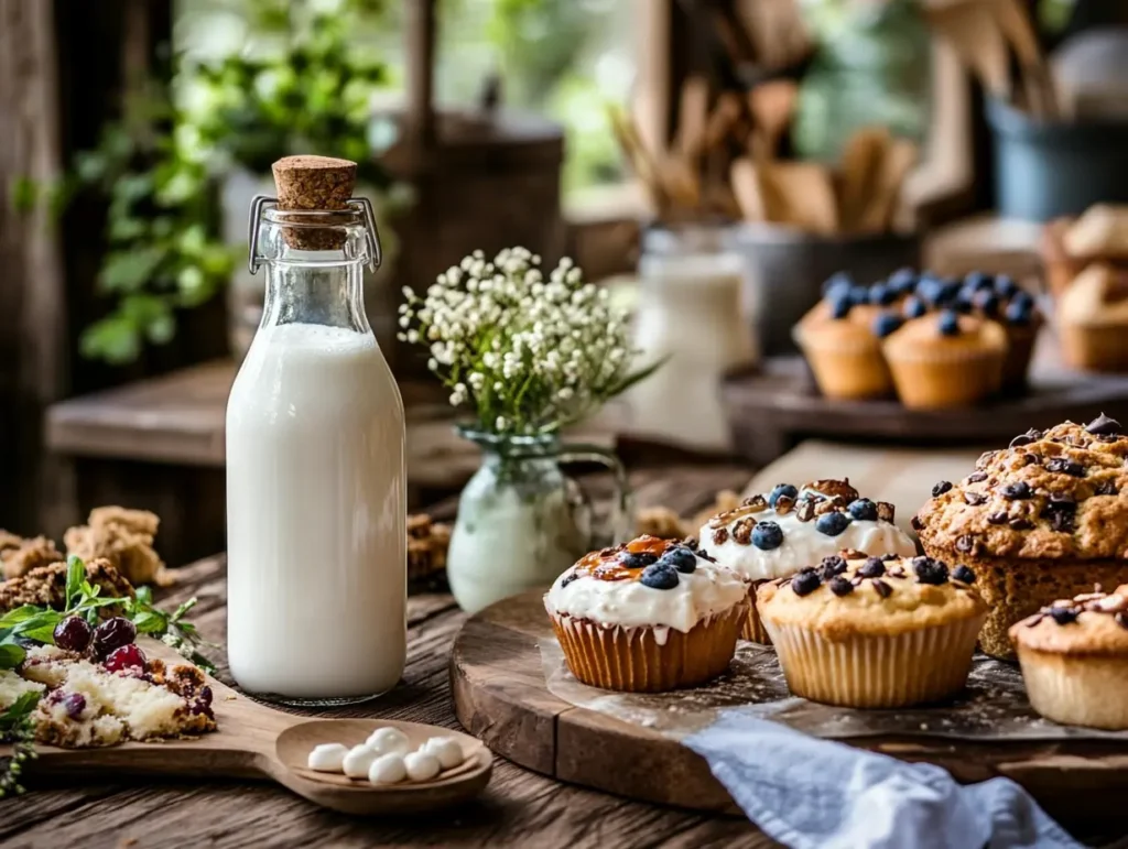 A rustic kitchen scene featuring a glass bottle of kefir surrounded by freshly baked muffins adorned with blueberries and frosting, complemented by a slice of cake and natural elements like flowers and herbs.
