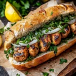 Delicious Matjesbrötchen recipe featuring a fresh sandwich with grilled fish, onions, parsley, and herbs served on a rustic bun with lemon wedges on the side.