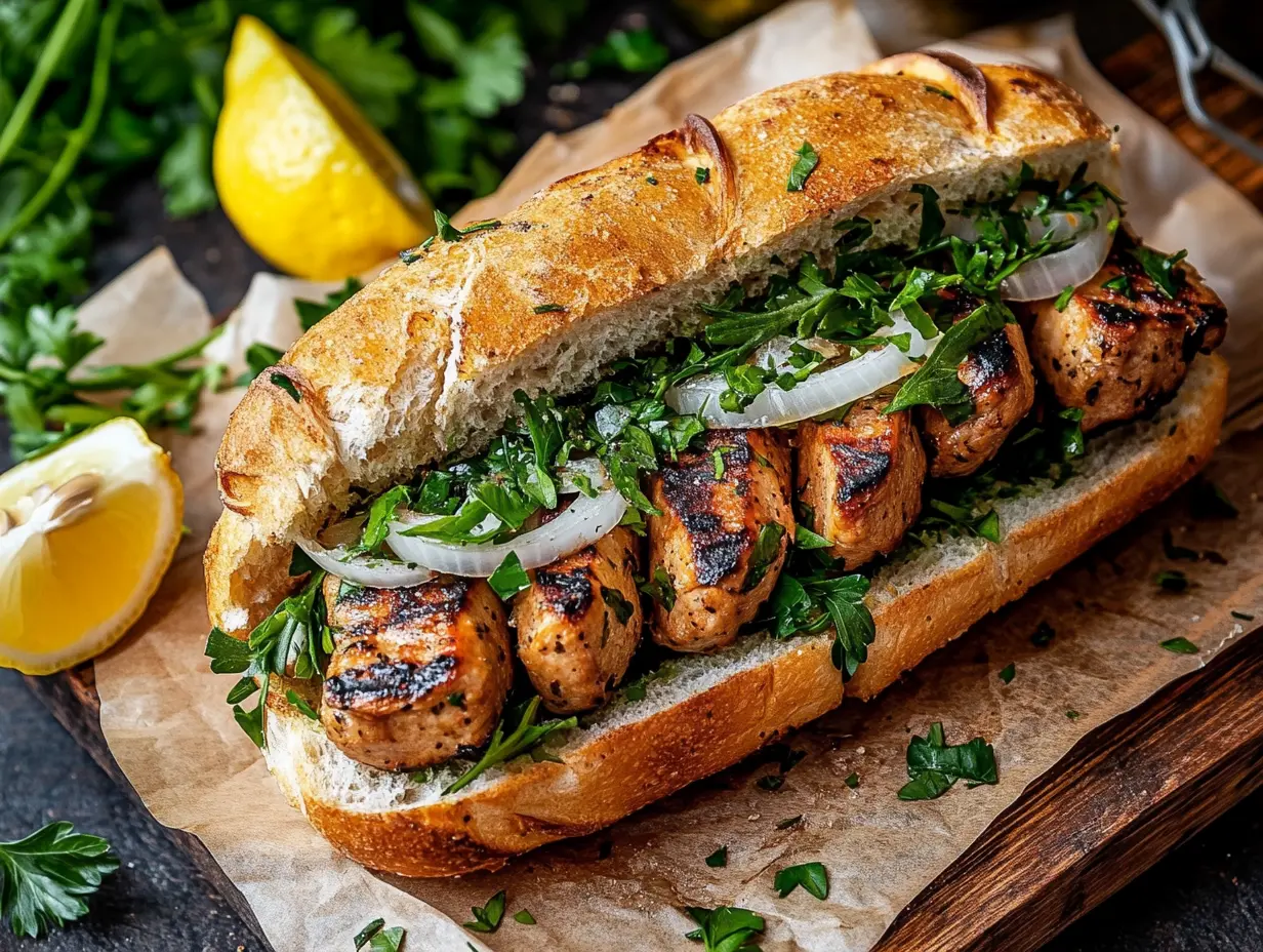 Delicious Matjesbrötchen recipe featuring a fresh sandwich with grilled fish, onions, parsley, and herbs served on a rustic bun with lemon wedges on the side.