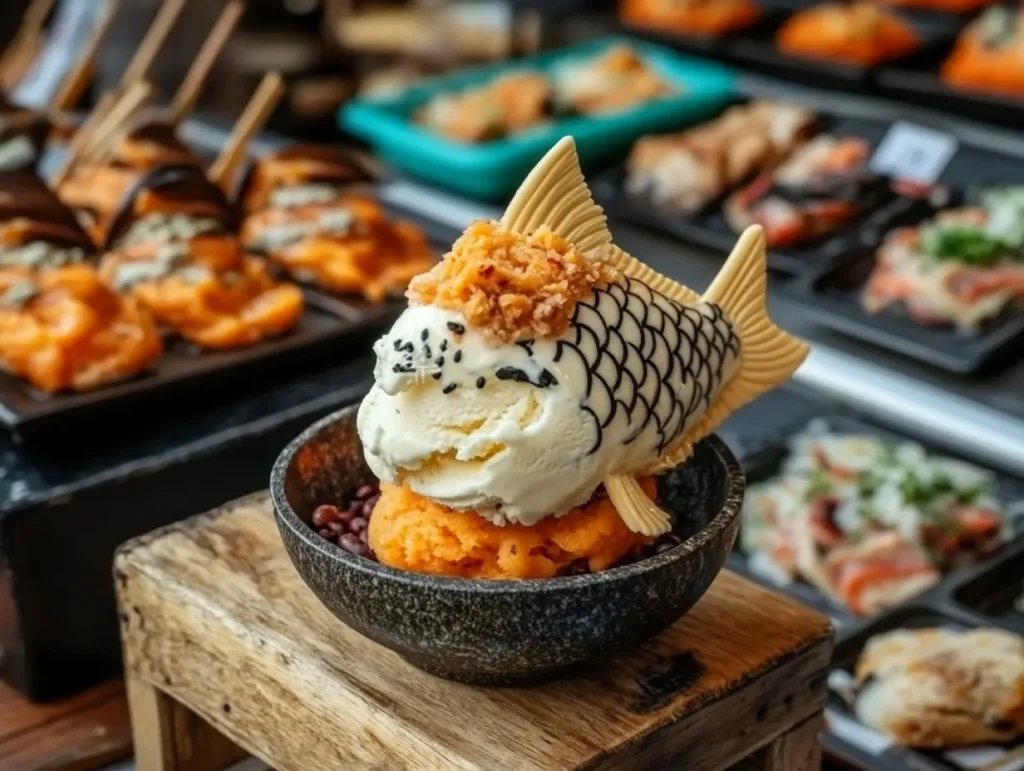 A close-up of a fish-shaped ice cream dessert, featuring vanilla ice cream with sesame seeds, crispy crumbs, and sweet potato puree, served in a black ceramic bowl with vibrant food trays in the background.