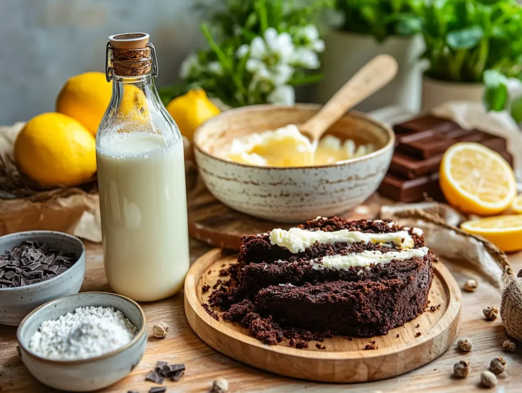 A rustic kitchen setup with a sliced chocolate cake topped with cream frosting, accompanied by a glass bottle of milk, lemons, chocolate bars, and baking ingredients.