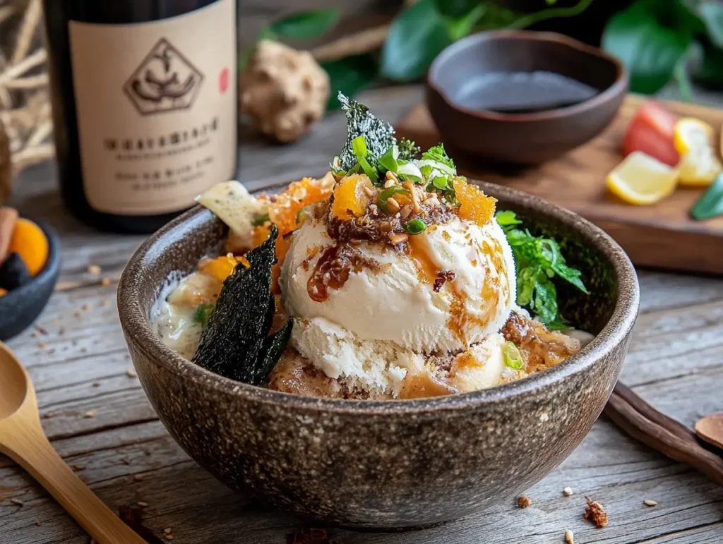 A beautifully presented bowl of fusion dessert featuring a scoop of vanilla ice cream topped with savory garnishes, fresh herbs, and a drizzle of sauce, served alongside crispy seaweed and other unique elements.