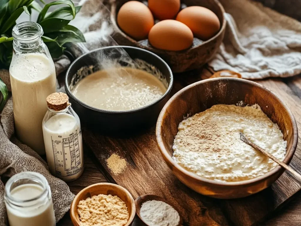 A rustic kitchen scene with bowls of batter in various stages of preparation, surrounded by bottles of milk, fresh eggs, and baking ingredients.