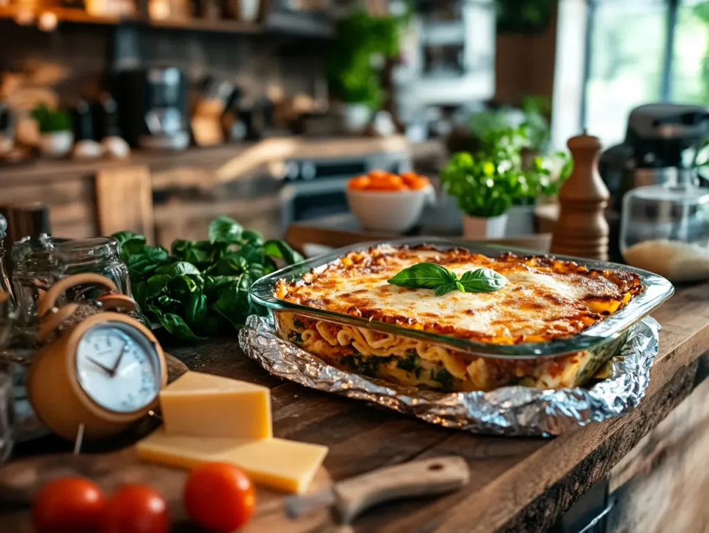 A freshly baked lasagna in a glass dish garnished with basil, placed on a wooden kitchen counter surrounded by fresh ingredients like spinach, tomatoes, and cheese, in a cozy kitchen setting.