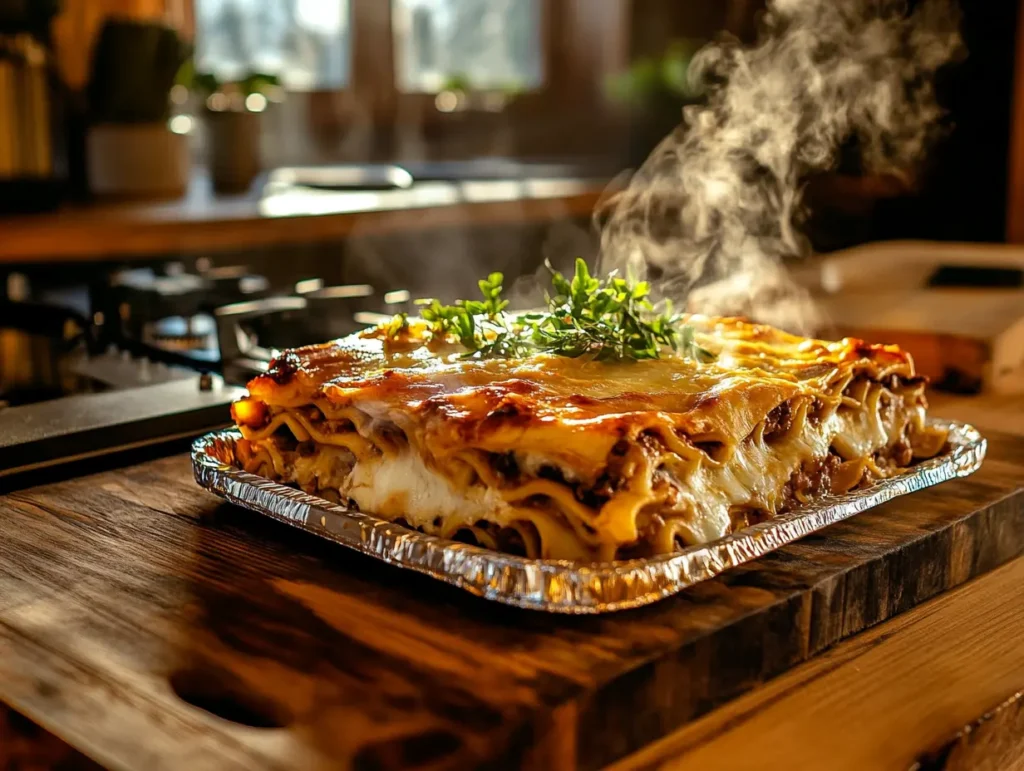 A steaming lasagna in a foil tray on a rustic wooden countertop, topped with fresh parsley, set in a warmly lit kitchen.