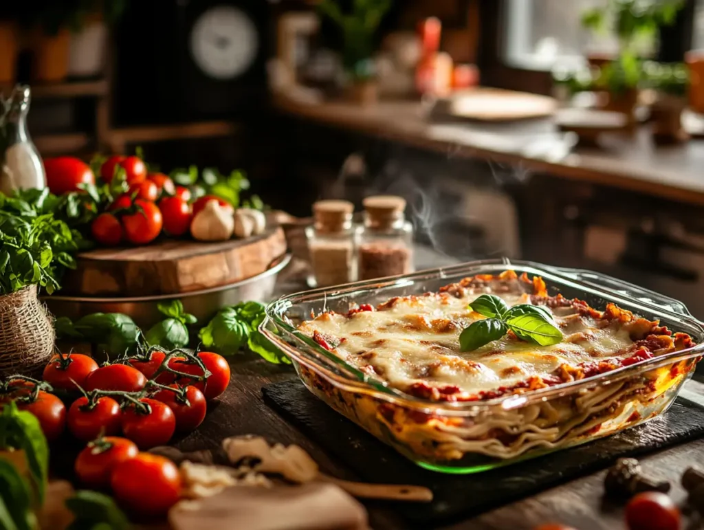 A steaming lasagna in a glass dish garnished with fresh basil leaves, surrounded by vibrant tomatoes, garlic, and herbs, set on a rustic kitchen table with warm, natural lighting.