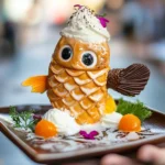 A whimsical Japanese taiyaki dessert shaped like a fish, crafted with a golden waffle, chocolate fins, whipped cream topping, and vibrant garnishes on a decorative plate.