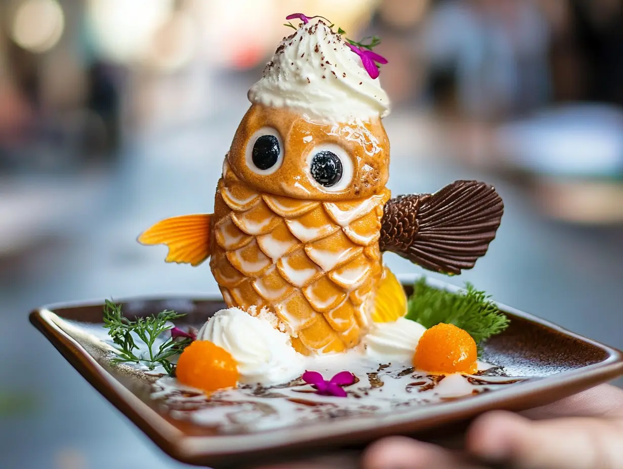 A whimsical Japanese taiyaki dessert shaped like a fish, crafted with a golden waffle, chocolate fins, whipped cream topping, and vibrant garnishes on a decorative plate.