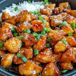 Honey garlic chicken with sticky glaze and sesame garnish