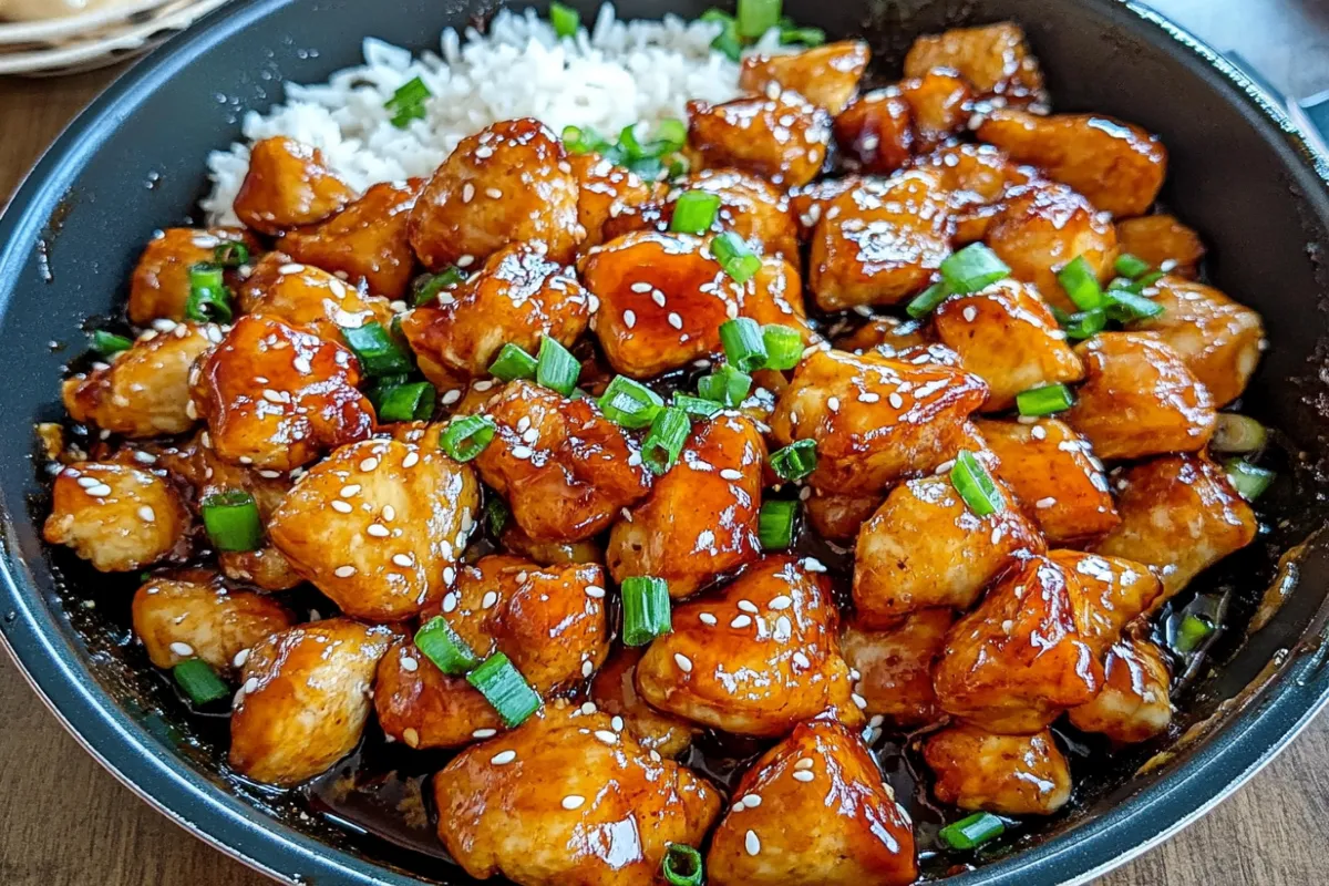 Honey garlic chicken with sticky glaze and sesame garnish