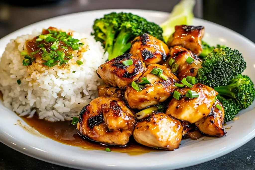 Honey garlic chicken with rice and broccoli