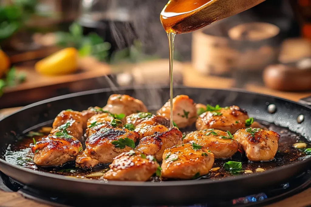 Searing chicken with honey garlic sauce