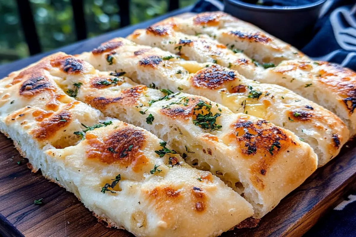 Soft and fluffy Greek yogurt garlic bread with butter and herbs.