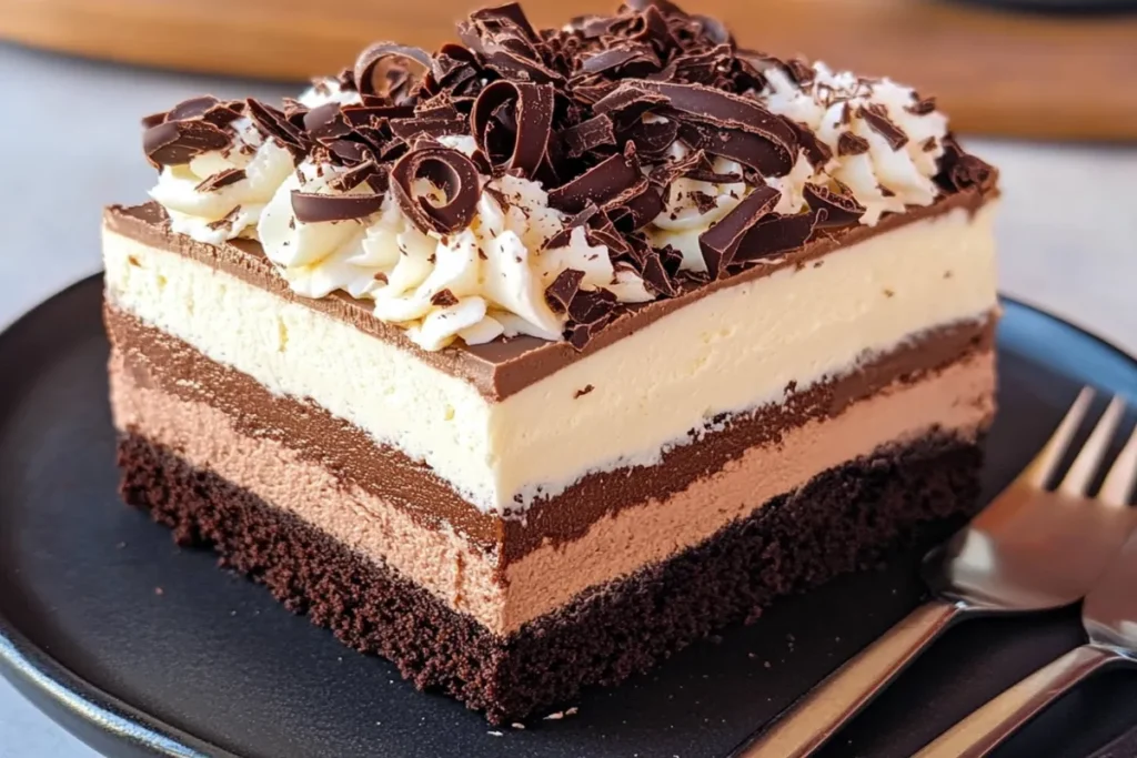 Triple chocolate mousse cake slice with three chocolate layers