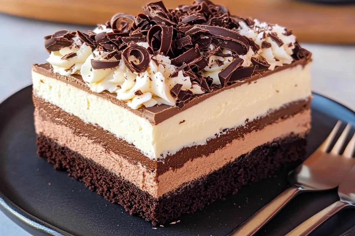 Triple chocolate mousse cake slice with three chocolate layers