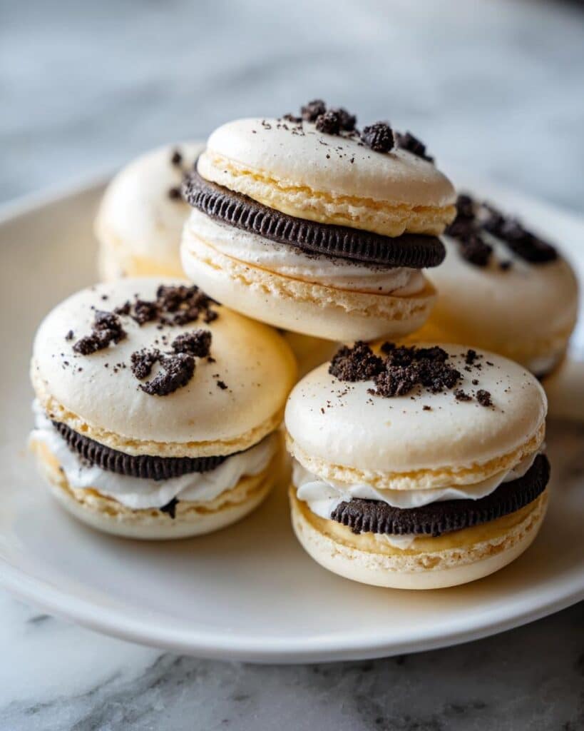 oreo macarons with vanilla cream filling